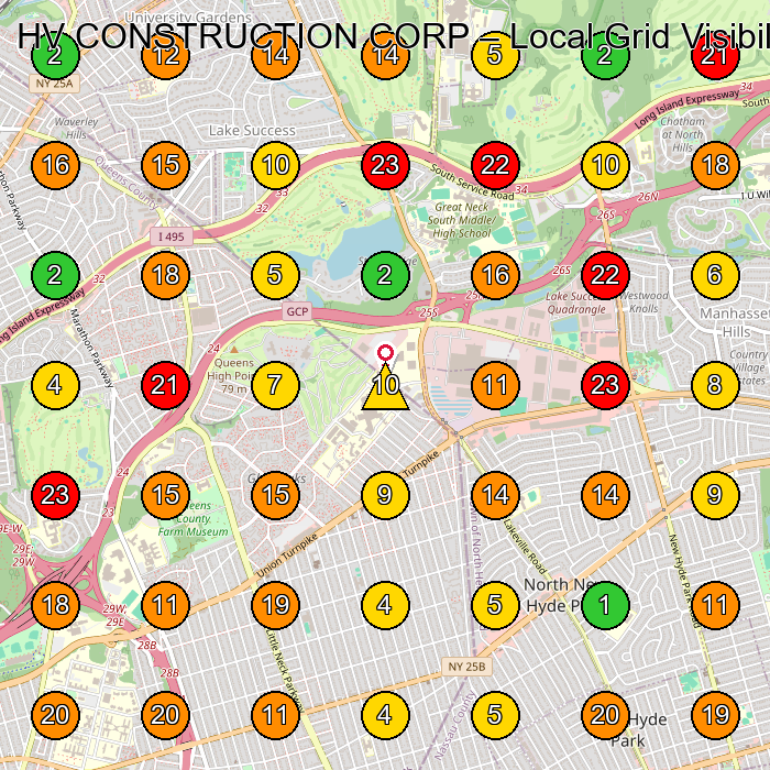 HV CONSTRUCTION CORP Construction Company GeoGrid ranking map for Glen Oaks NY